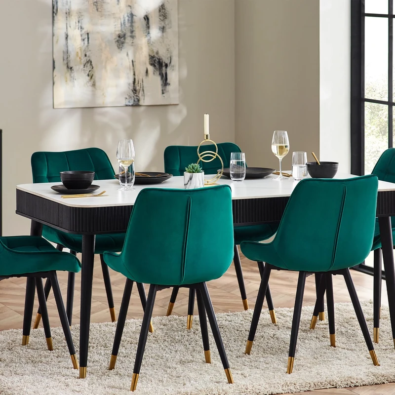 Julian Bowen Louis Fluted Stone Top Dining Table with Drawers, Ash Wood, White Marble/Black, 190 x 90cm