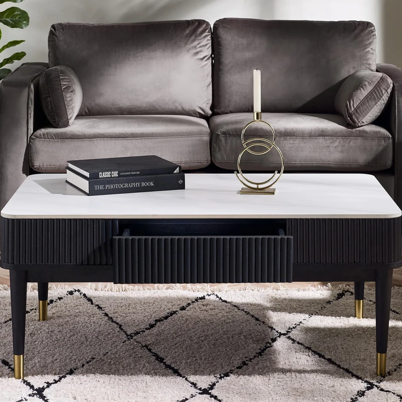 Julian Bowen Louis Fluted Stone Top Coffee Table with 2 Drawers, Ash Wood, White Marble/Black, 110 x 65cm