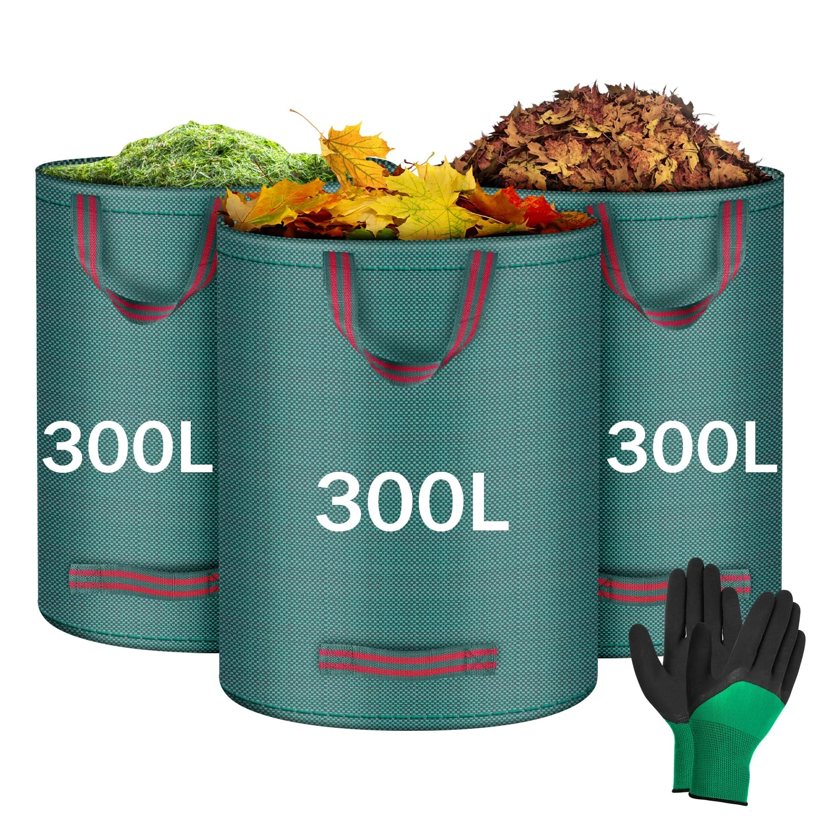 Flintronic Garden Waste Bags 3Pcs 300L Heavy Duty Garden Bags, Reusable Gardening Gloves with Handles, Foldable Camping Recycling Bags With a Pair of Gloves, Ideal for Collecting Leaf, Trash