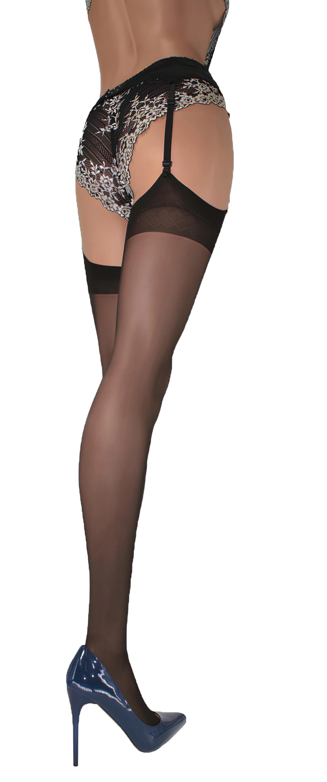 JUST BEAUTY TOUCH Womens Stockings Size S - XL 20 Den Geometric Patterned Top New Sheer Black Natural Tan White Colours Size Plus (XL, Black)