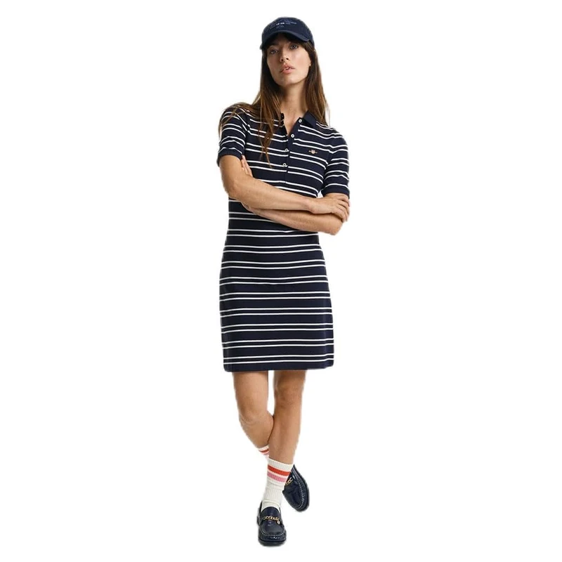 GANT Women's Stripe Shield Ss Pique Polo Dress, Evening Blue, XS