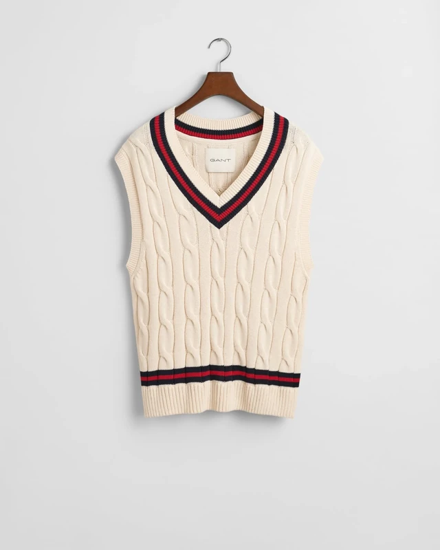GANT Men's Cable Sweater Vest, Cream, S