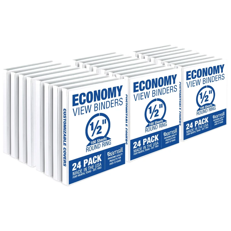 Samsill Economy 0.5 Inch 3 Ring Binder, Made in The USA, Round Ring Binder, Customizable Clear View Cover, White, 24 Pack
