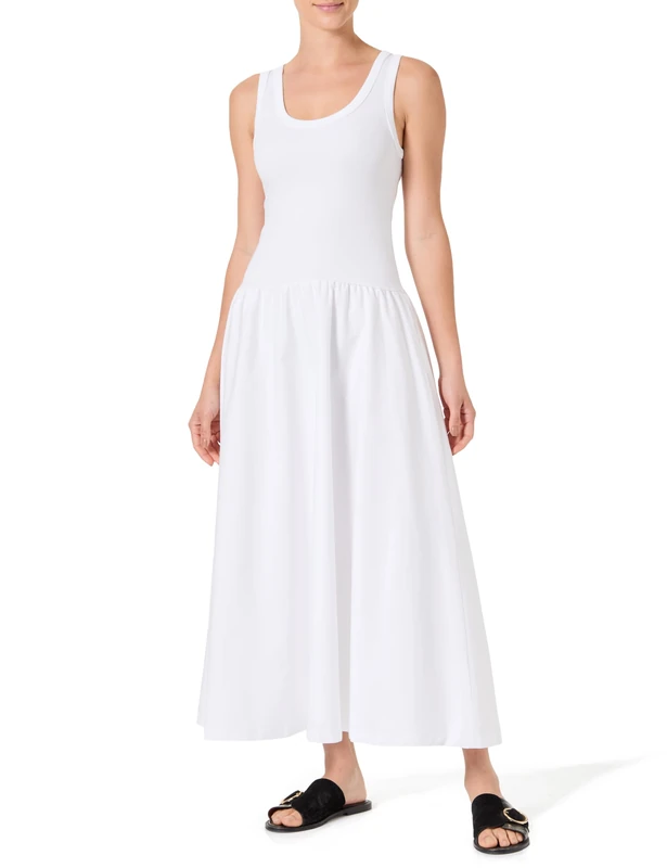 GANT Women's Midi Jersey Woven Combo Dress, White, XXL