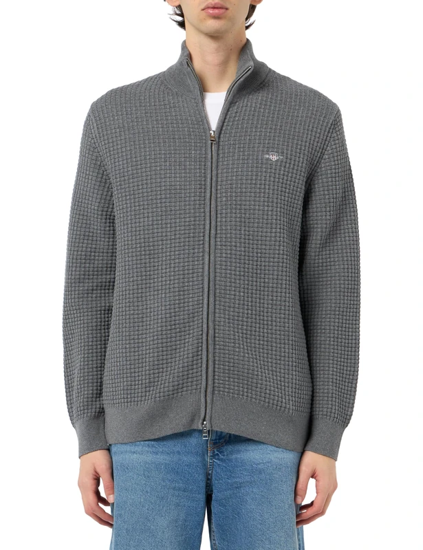 GANT Men's Zipped Textured Cotton Cardigan Sweater, Dark Grey Blend, 3XL