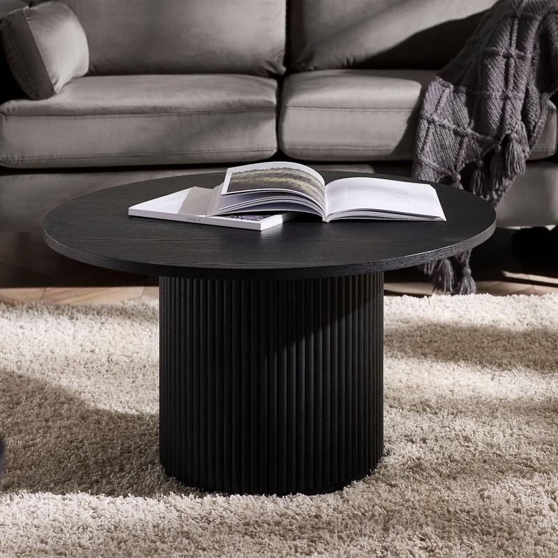 Julian Bowen Louis Black Fluted Round Coffee Table, Ash Wood, 80 x 80cm