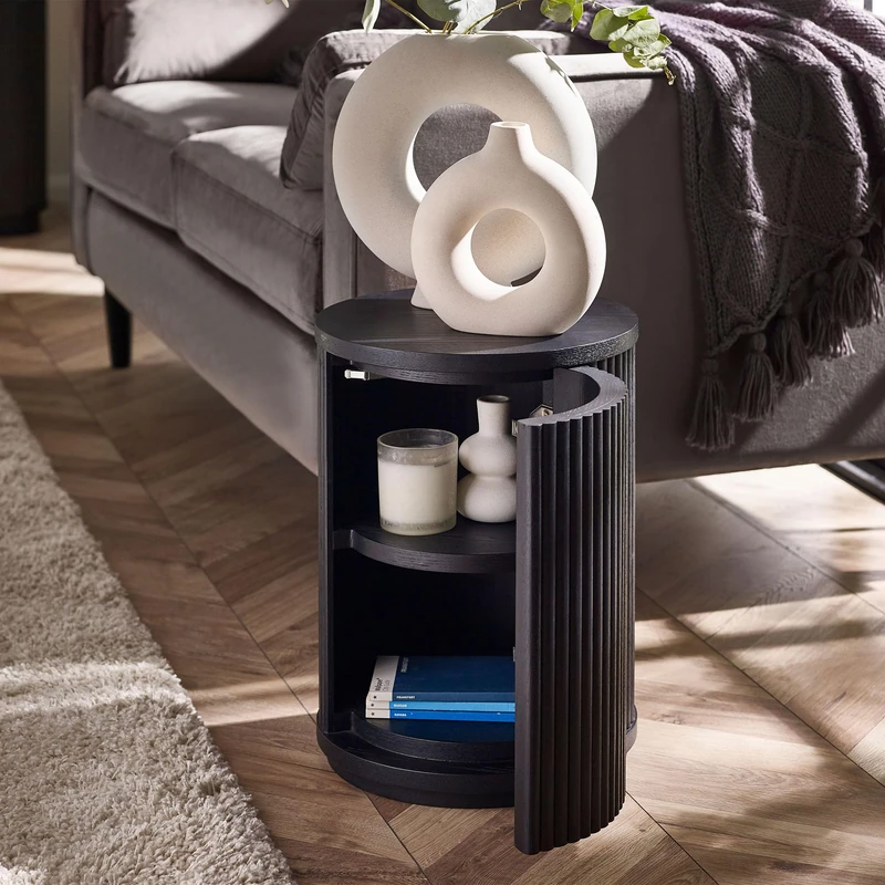 Julian Bowen Louis Black Fluted Side Table With Door, Ash Wood, 33 x 33cm - Image 1