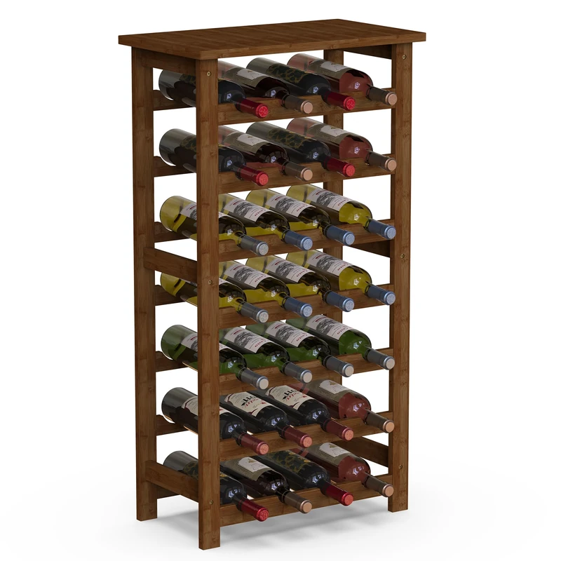 BAKAJI Bamboo Wood Wine Rack with 28 Compartments for Champagne Wine, Wine Rack Floor Wine Cellar for Bar, Living Room, Kitchen, Bistro, Restaurant, 47 x 29 x 93.5 cm Walnut