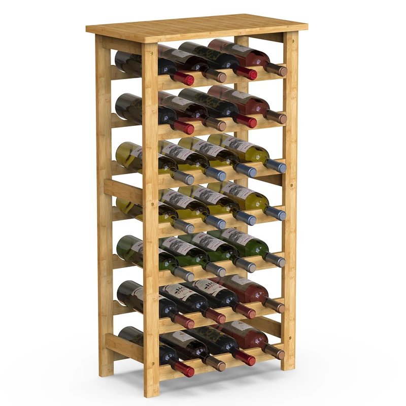 BAKAJI Bamboo Wood Wine Rack with 28 Compartments for Champagne Wine, Floor Wine Rack for Bar, Living Room, Kitchen, Bistro, Restaurant, 47 x 29 x 93.5 cm (Natural)