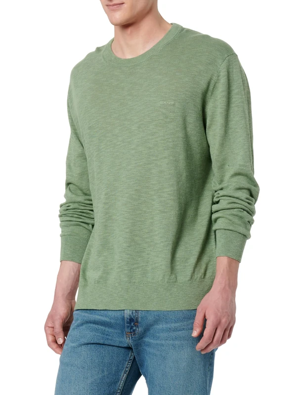 GANT Men's Linen Blend C-Neck Pullover Sweater, Kalamata Green, S