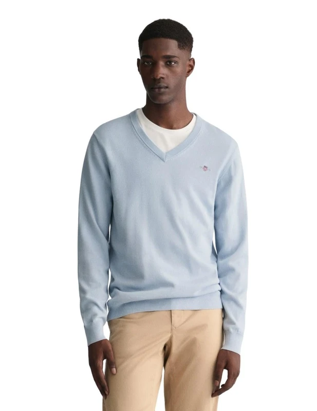 GANT Men's Classic Cotton V-Neck Pullover, Fresh blue, L