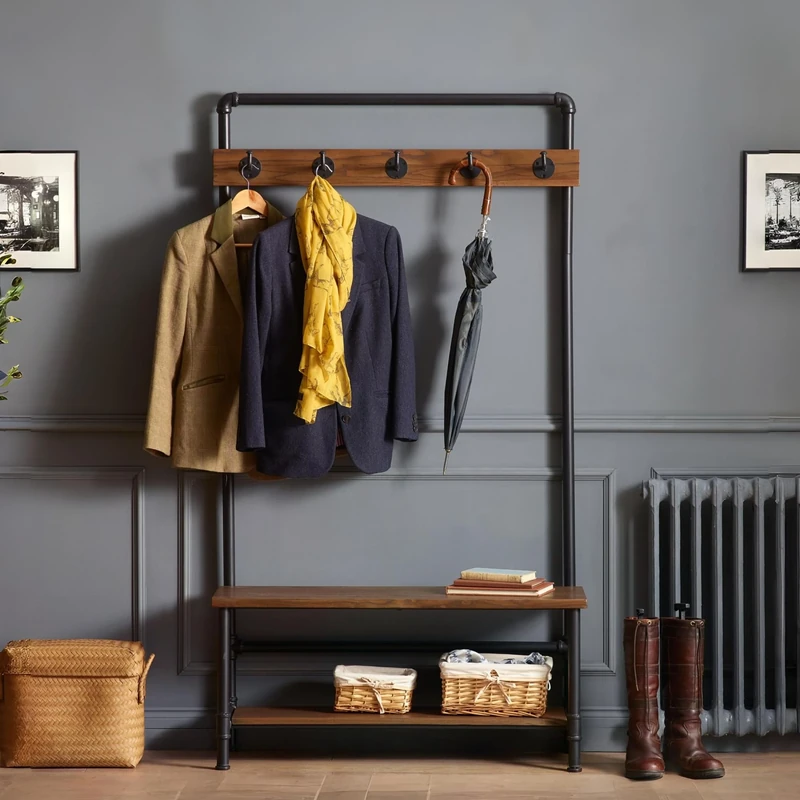 Julian Bowen Boston Hallway Stand with Bench, Wood, Mocha Elm and Black, 100 x 35cm