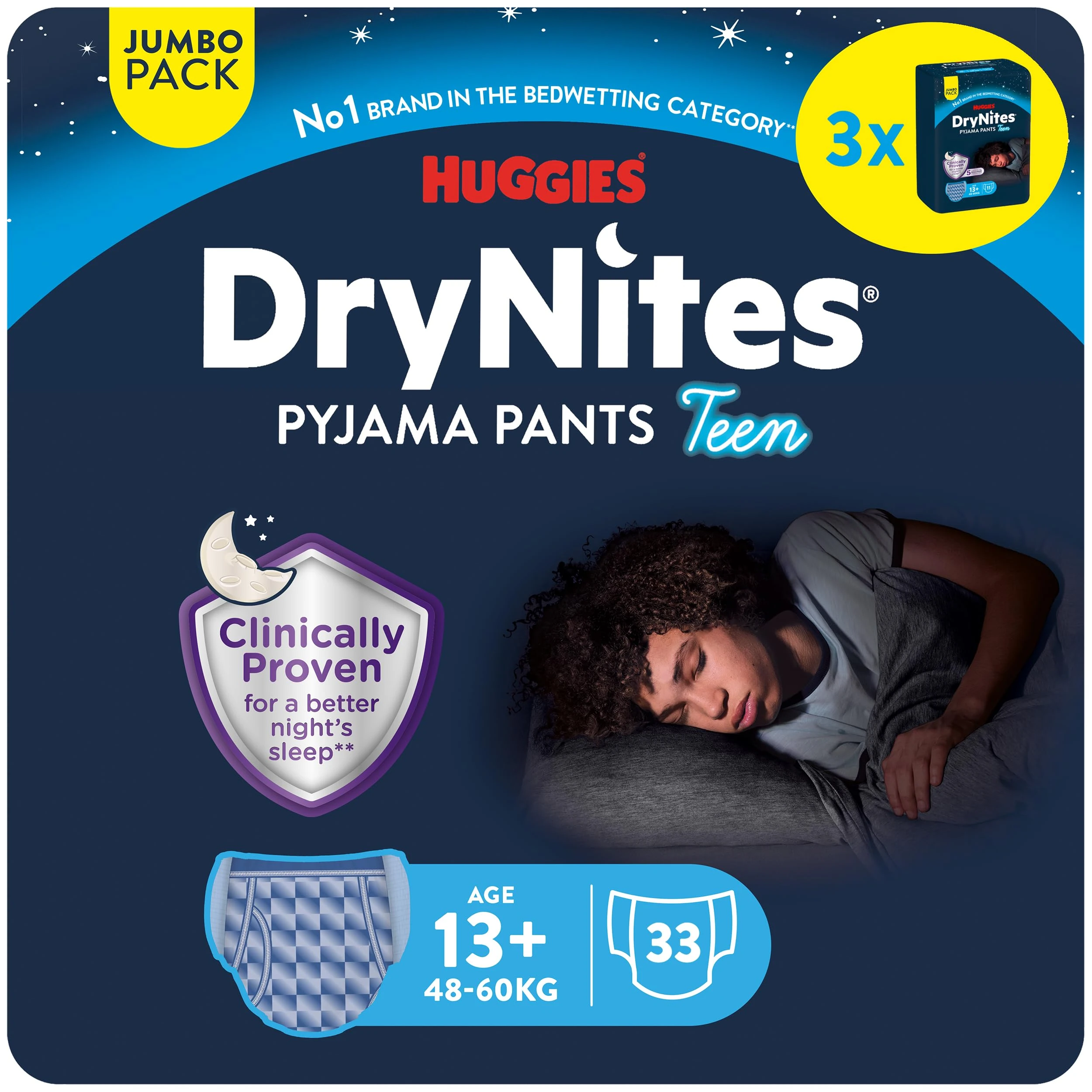 HUGGIES DryNites, Pyjama Pants, Boys 13+ Years (48-60KG), 33 x Bedwetting Pants, Up to 100% Leak Free Nights