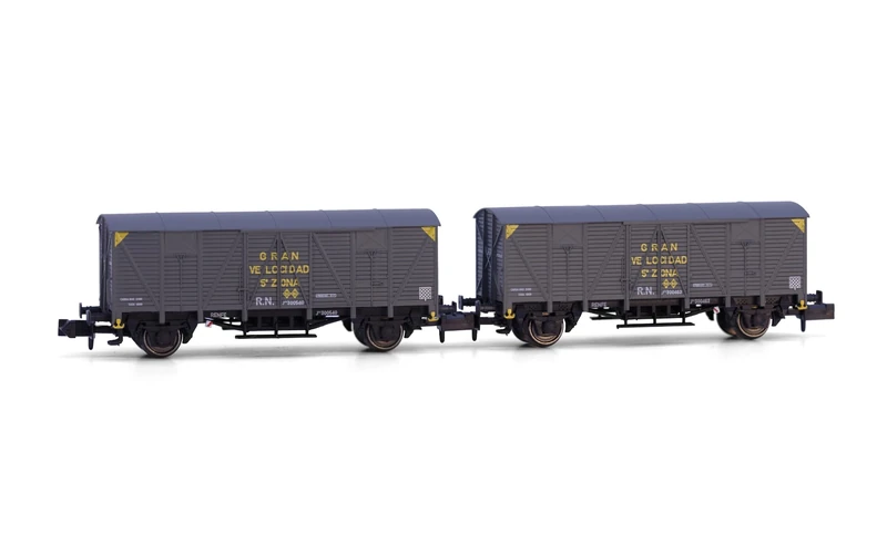 Arnold HN6660 RENFE 2-unit pack 2-axle covered wagons type J300 000 grey livery gran velocidad ep III Rolling Stock - Wagons