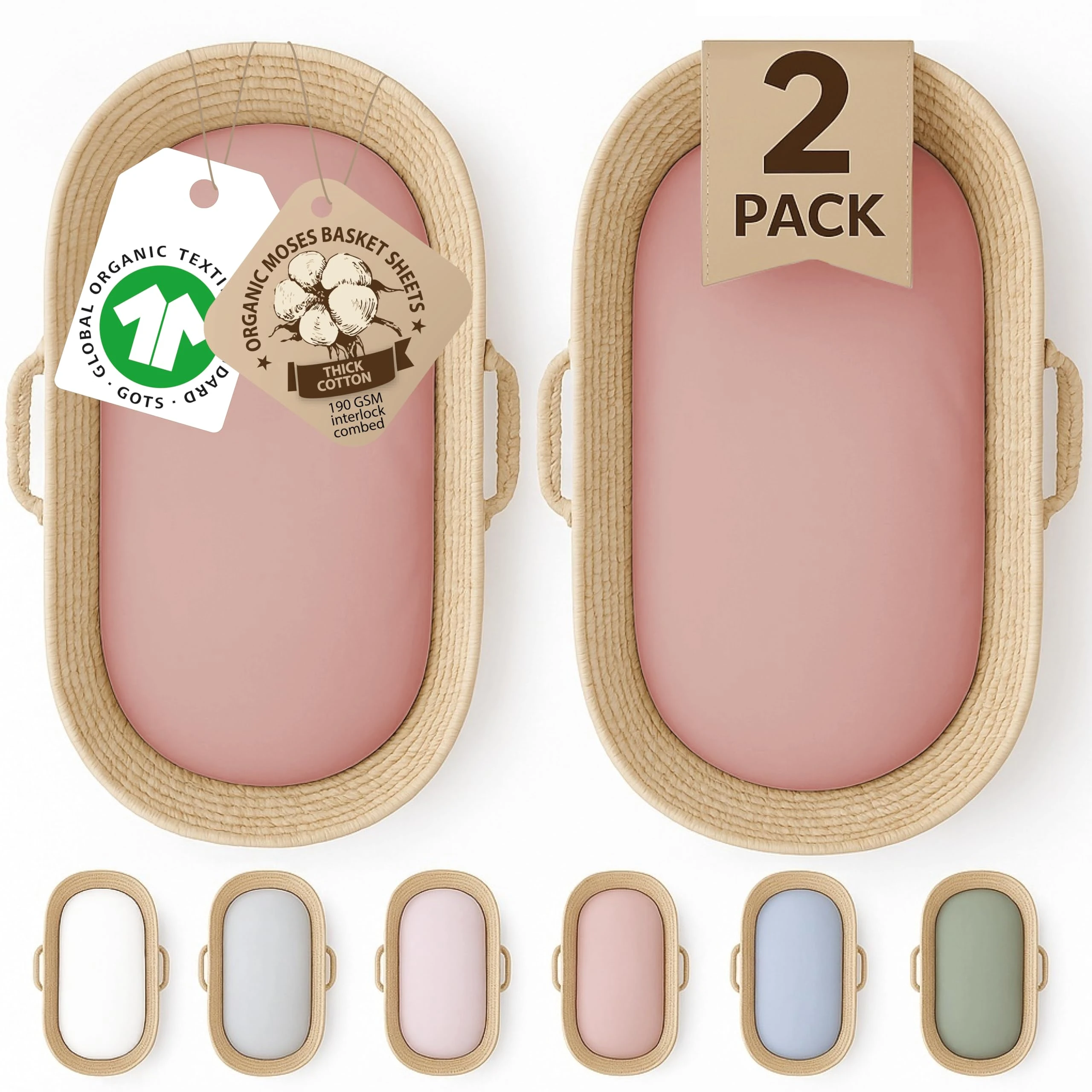 GOTS Organic 2 x Moses Basket Fitted Sheets 74x30-28x74cm - 65 x 28 Luxuriously Thick and Soft, 100% Organic Double Knit Combed Cotton - Compatible with Ovale | Paml & Wicker Moses Baskets