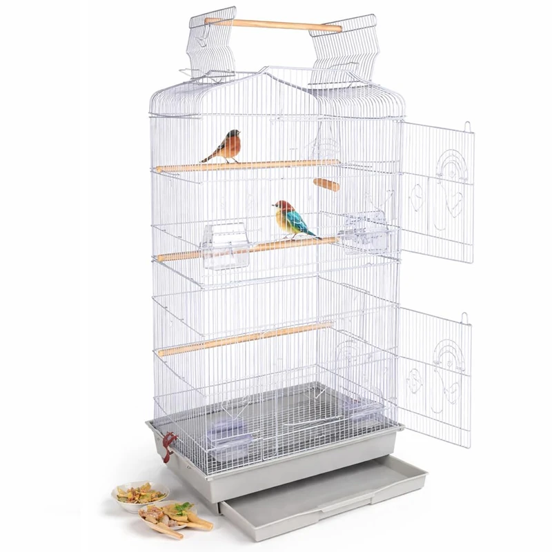 BAKAJI Aviary Cage for Birds, Inseparable Parrots, Parakeets, Birds, Sunroof and Feeders, Wooden Perches, Cage with Removable Tray for Easy Cleaning (Grey)