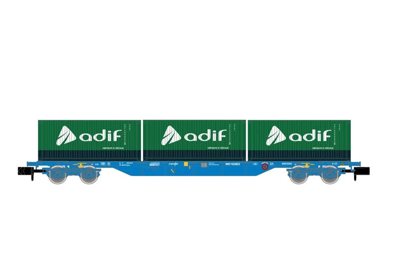 Arnold HN6651 RENFE 4-axle container wagon loaded with 3 x 20 ADIF cont Rolling Stock - Wagons