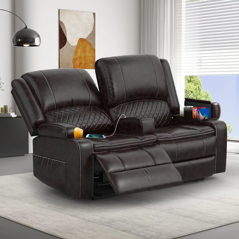 SQUEBILIFE Recliner Chair 2 Seater Sofa Set with Reclining Mechanism, Console Buit-in Cup Holders, USB Ports, Side Storage Pockets Leather Reclining Sofa