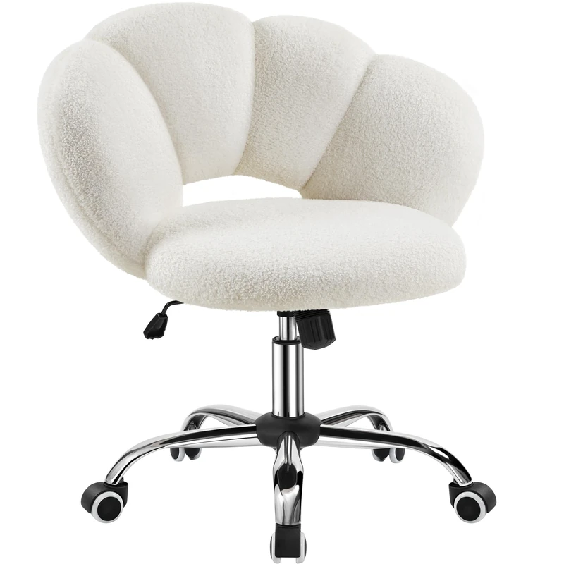 Yaheetech Boucle Upholstered Desk Makeup Vanity Chair with Wheels Swivel Cloud-shaped Accent Chair with Adjustable Height for Home Office Living Room, Bedroom Women White