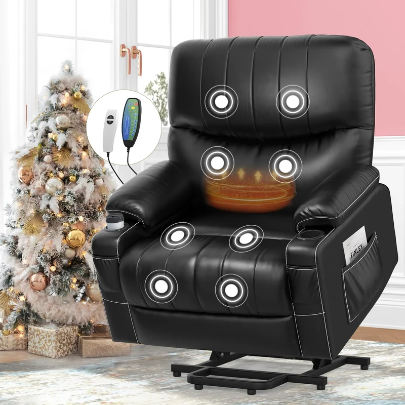 SQUEBILIFE Recliner Armchair Electric Recliner Chair with Massage & Heat, Extended Footrest, Oversized Riser Reclining Chairs Lift Chair Lounge Sofa with Type C+USB Dual Drink Holders Side Pockets