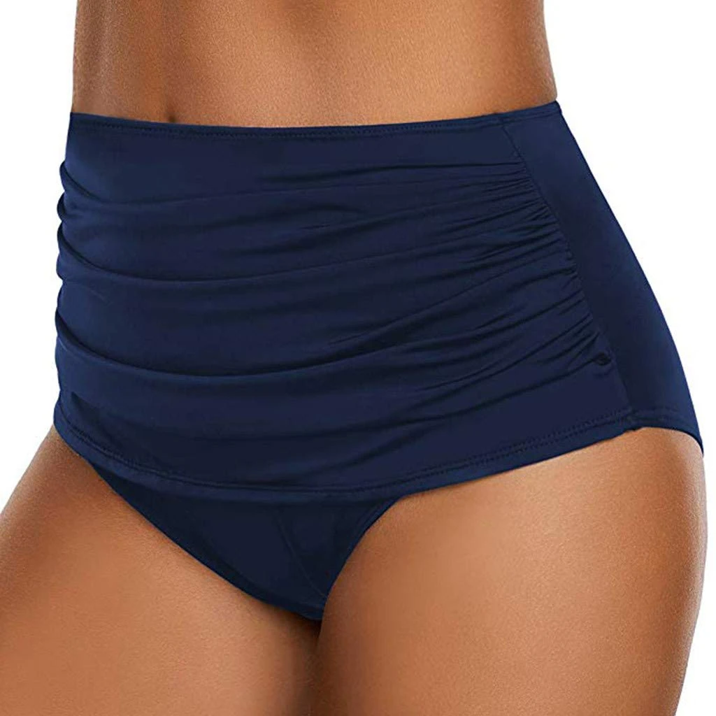 Womens Ruched Bikini Bottoms High Waisted Tummy Control Full Coverage Solid Colour Swim Briefs Sexy Swimwear Ladies Beach Swimsuits Bathing Suits Navy