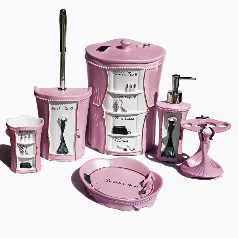 LUANT 6 PCS Bathroom Accessories Including Soap Dispenser, Soap Dish, Tumbler, Teethbrush Holder, Trash Can and Toilet Brush, Decoration for Girl's Bathroom, Countertop Oragnizer, Pink