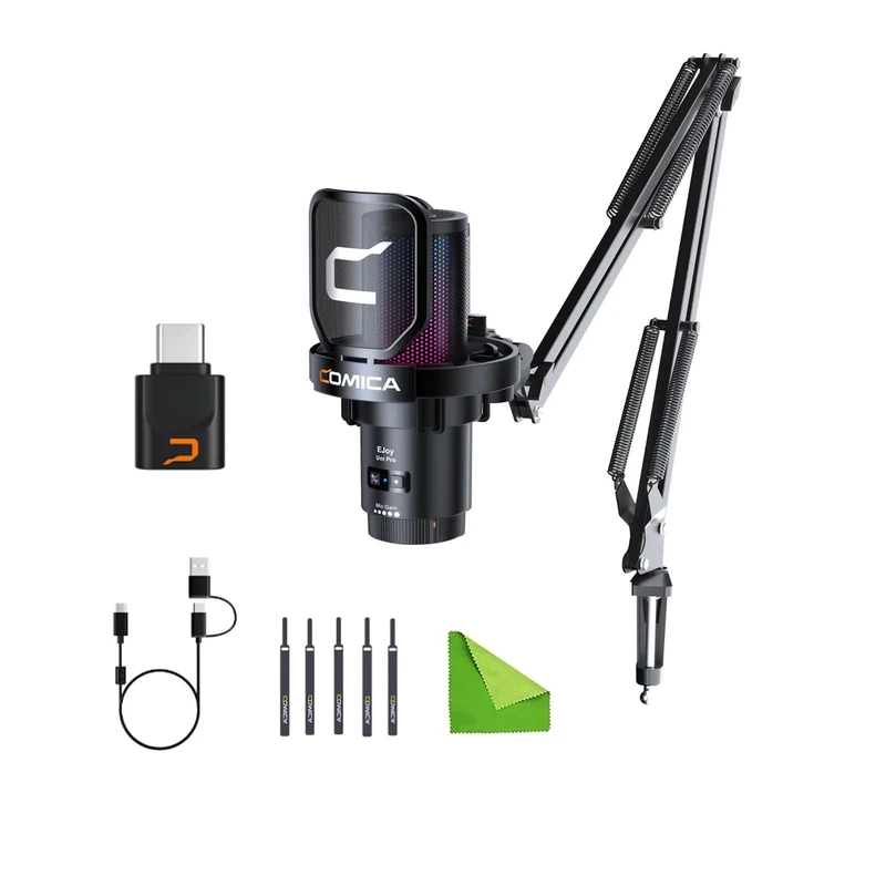 comica Wireless USB Microphone for Computer and Smartphone,48kHz/24bit RGB Cardioid Condenser Gaming Mic for Podcasting,Streaming,Recording with Boom Arm Stand-Black (EJoy Uni Pro A)