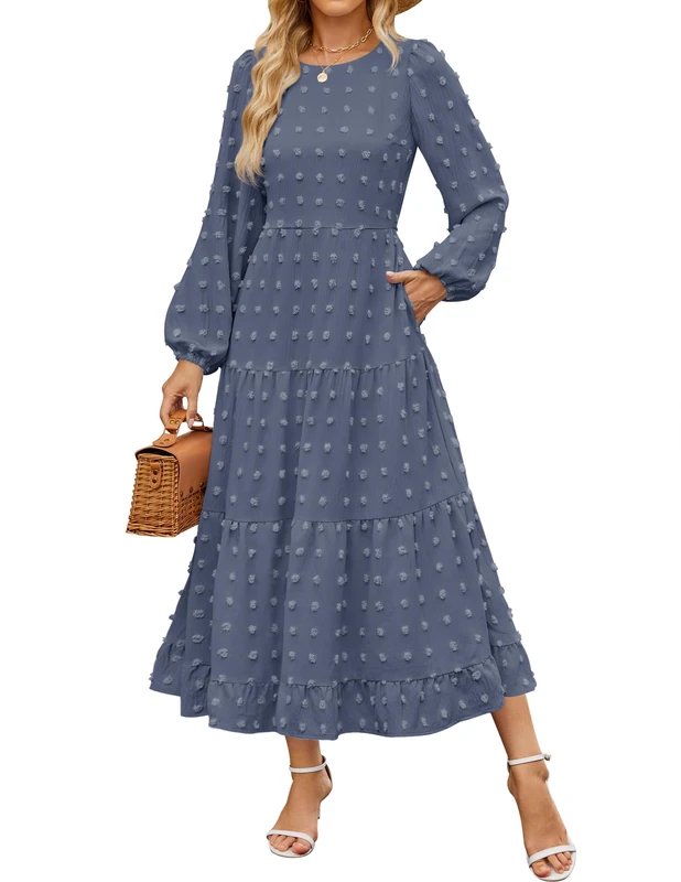 ZESICA Women's Fall Long Sleeve Maxi Dresses 2025 Crew Neck Swiss Dot Tiered Flowy A Line Casual Boho Party Dress, Dusty Blue, M