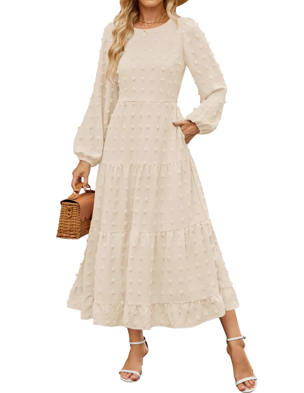 ZESICA Women's Fall Long Sleeve Maxi Dresses 2025 Crew Neck Swiss Dot Tiered Flowy A Line Casual Boho Party Dress, Beige, M