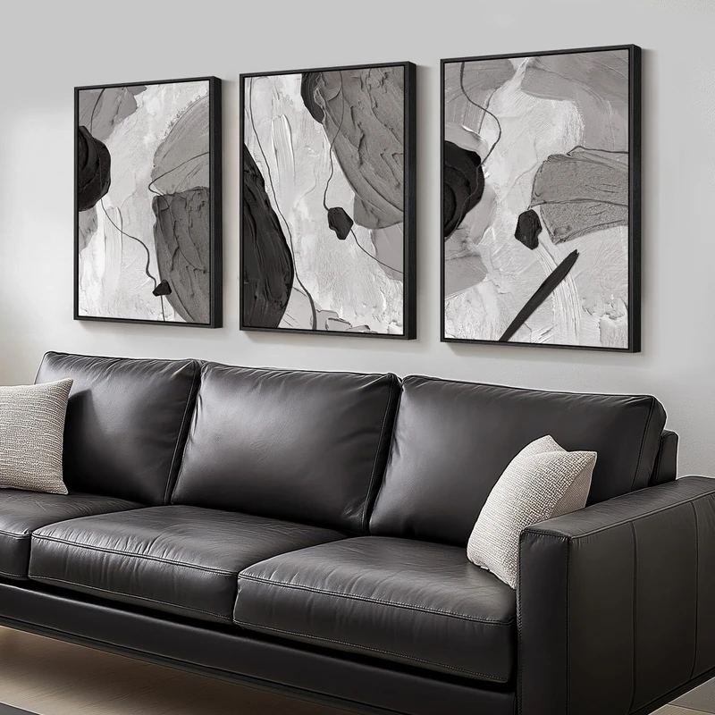 Large Framed Black and White Gray Abstract Canvas Wall Art, Set of 3 Piece Contemporary Paintings Artwork for Walls, Modern Minimalist Prints Pictures for Living Room Hallway Office Wall Decor, Total