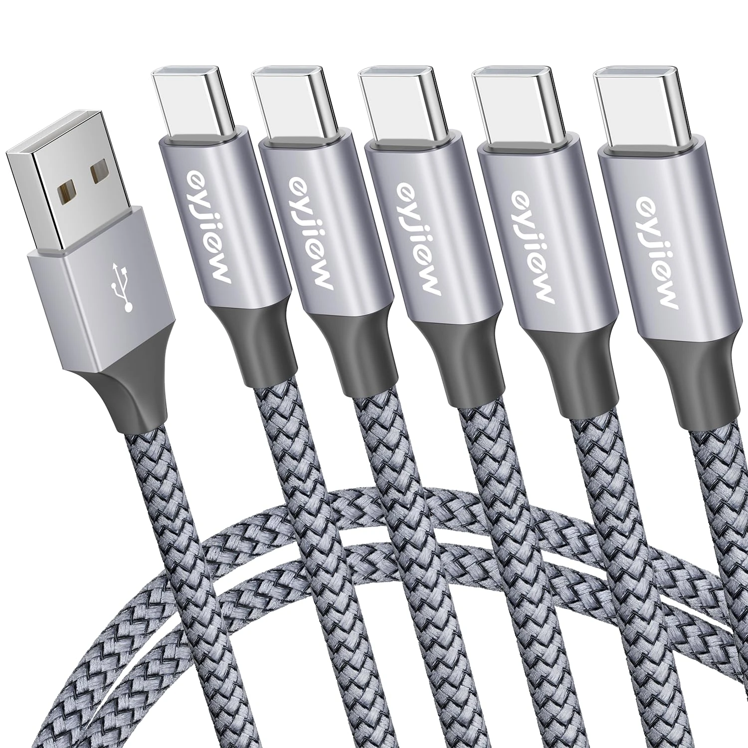 eyjiew USB C Charger Cable[1m, 5-Pack], USB A to USB C Cable 3A Nylon Type C Fast Charging Cord for iPhone 15 16 Plus 17 Pro Max,Galaxy S25 S24 S23 S22 S21 S20 S10, A14 A15 A53 A70