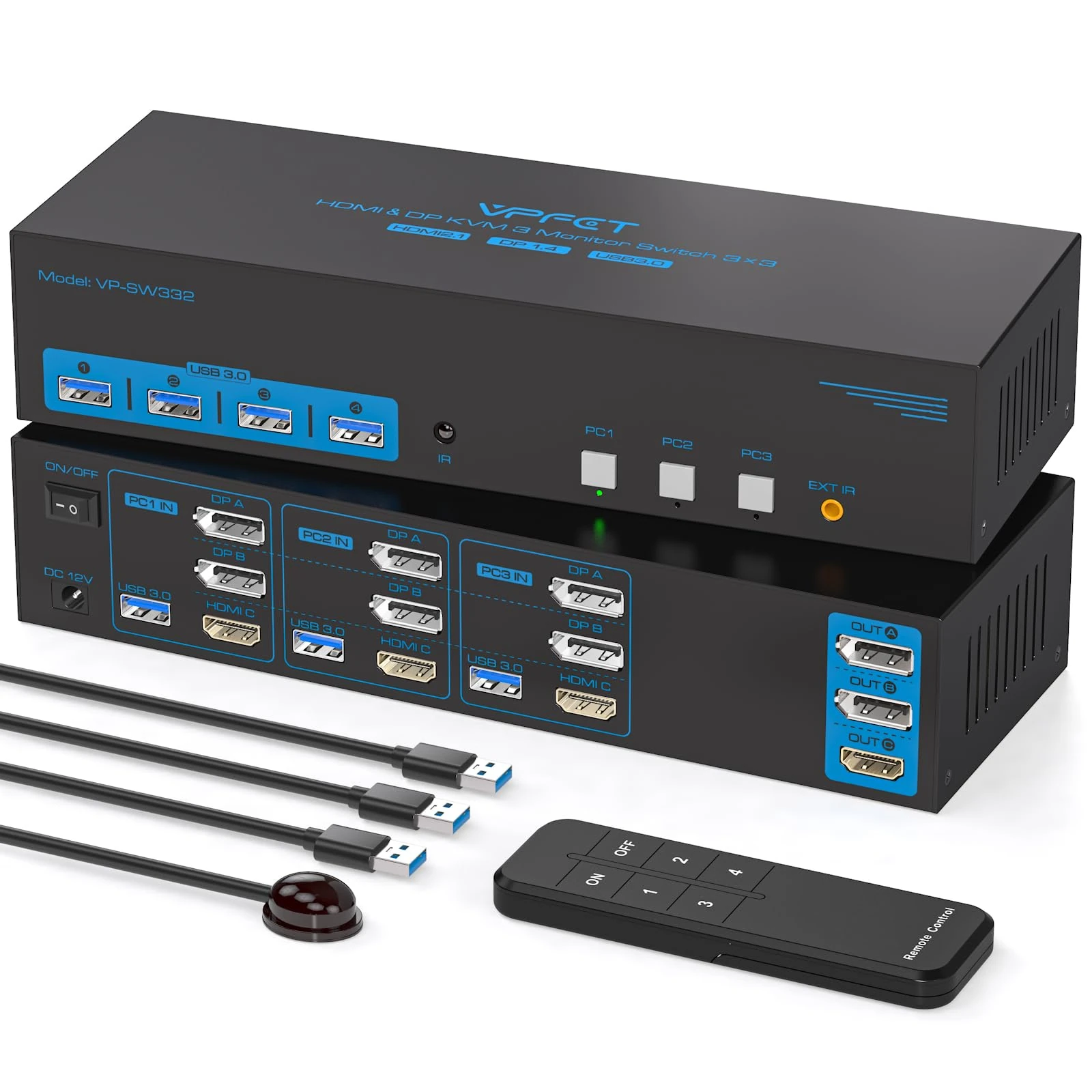 AILVLVNG 4K144Hz HDMI and 2 Displayport KVM Switch 3 Monitors 3 Computers 8K USB 3.0 KVM Switches Triple Screen for 3 Computer Share 3 Monitor and 4 USB 3.0 Ports Support Extended/Copy Mode