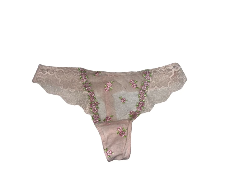Victoria's Secret Rosebud Embroidery Mesh Thong Panty Color Pink New, Light Pink, L