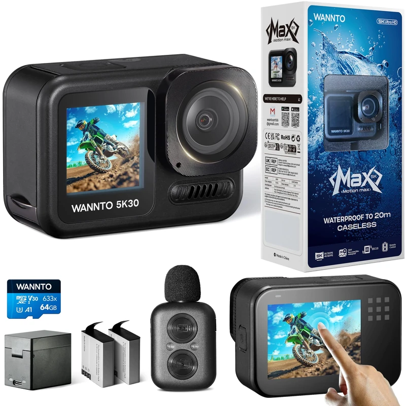 WANNTO Action Camera Motion Max 5K 30MP,IPX8 20M Body Waterproof Underwater Camera WiFi EIS Dual Screen, with 2in1 wireless Microphone Remote Control 2x1350mAh Batteries (With 64GB microSD Card)