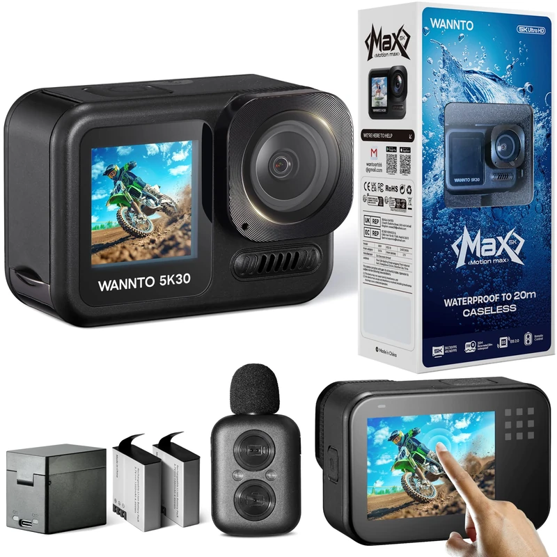 WANNTO Action Camera Motion Max 5K 30MP,IPX8 20M Body Waterproof Underwater Camera WiFi EIS Dual Screen, with 2in1 wireless Microphone Remote Control 2x1350mAh Batteries (Motion Max)
