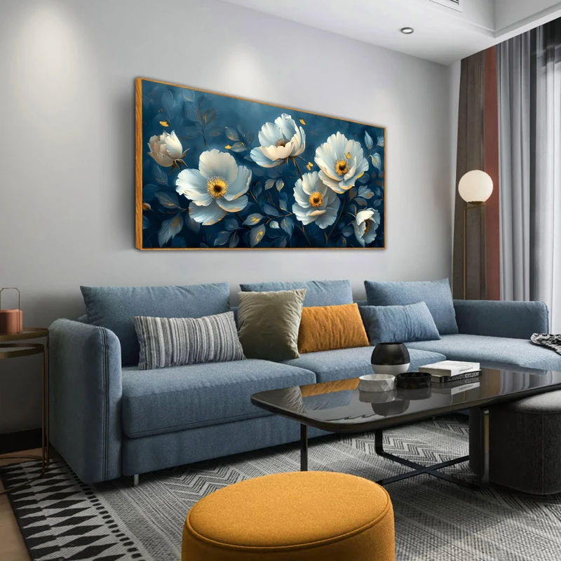 Ouzzlie White Floral Canvas Wall Art for Bedroom Large Blue Wall Decor Picture Artwork 24" x 48"