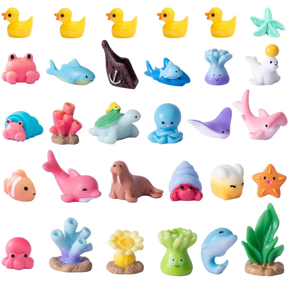 Mini Resin Animals 30 Pack Tiny Ocean Animal Figures Mini Sea Animals Figures Little Plastic Sea Creatures Miniature Animal Figurines Fairy Garden Accessories Trinkets Gifts Blue