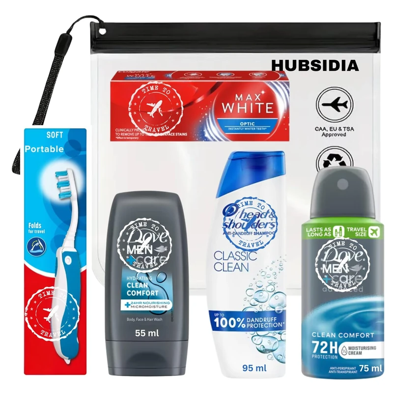 Travel Size Toiletries Essentials Set for Men, Holiday Mini Travel Toiletries Set, All In A Hubsidia Airport Approved Travel Bag