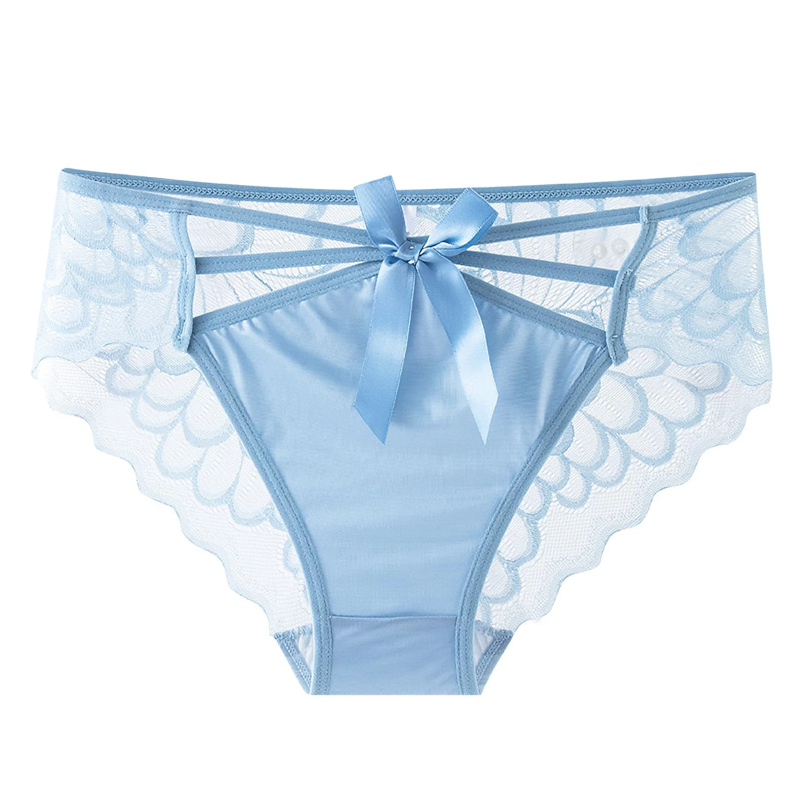 ZooChest Womens Lace Satin Panties Knickers Briefs Bow Criss Cross Sexy Underwear See Through Lace Back Coverage Knickers for Women Sissy Clothing Ladies Cute Hipster Panty Blue L