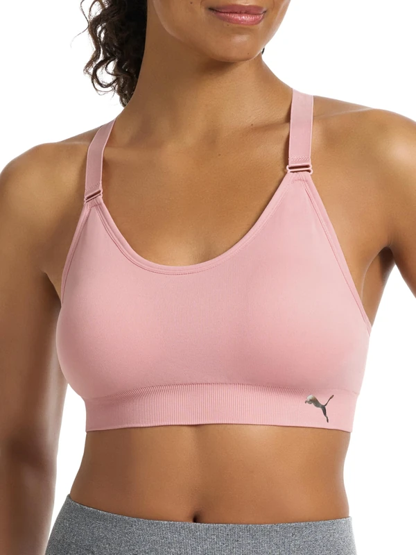 PUMA Women's 2 Pack Seamless Sports Bra, Opaque, Silver Pink/Heather Grey, XL
