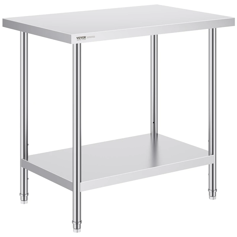 VEVOR Stainless Steel Prep Table, 24 x 36 x 34 Inch, Heavy Duty Metal Worktable with 3 Adjustable Height Levels, Commercial Workstation for Kitchen Garage Restaurant Backyard