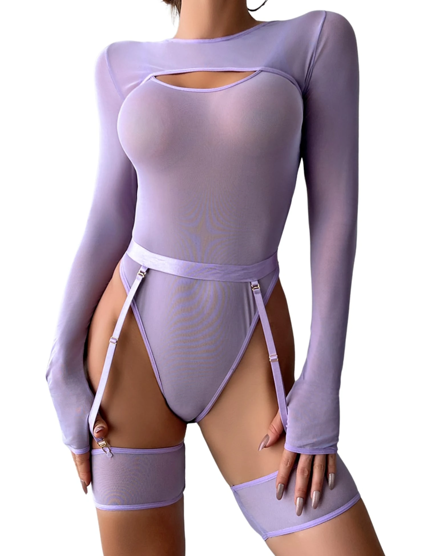 Aranmei Women's Lingerie Sets Sexy Lace Bodysuit with Thigh Cuffs Underwear Teddy Babydolls with Thigh Garter No Stockings Purple S