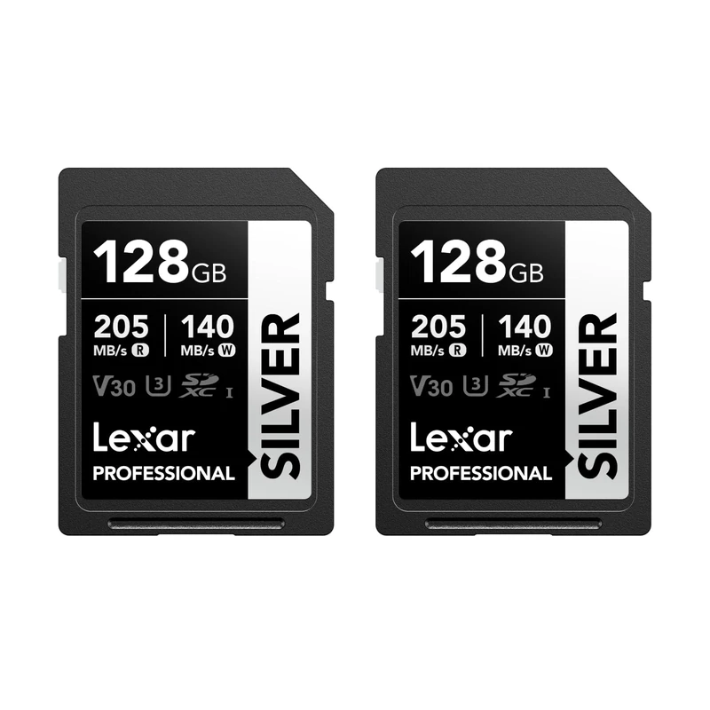 Lexar Professional SILVER SD Card 128GB 2-Pack, Up to 205MB/s Read, 140MB/s Write, SDXC UHS-I Memory Card, Class 10, U3, V30, SD Card for Professional Photographers, Videographers, Enthusiasts