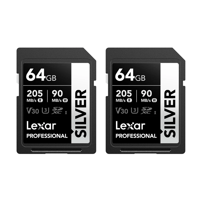 Lexar Professional SILVER SD Card 64GB 2-Pack, Up to 205MB/s Read, 90MB/s Write, SDXC UHS-I Memory Card, Class 10, U3, V30, SD Card for Professional Photographers, Videographers, Enthusiasts