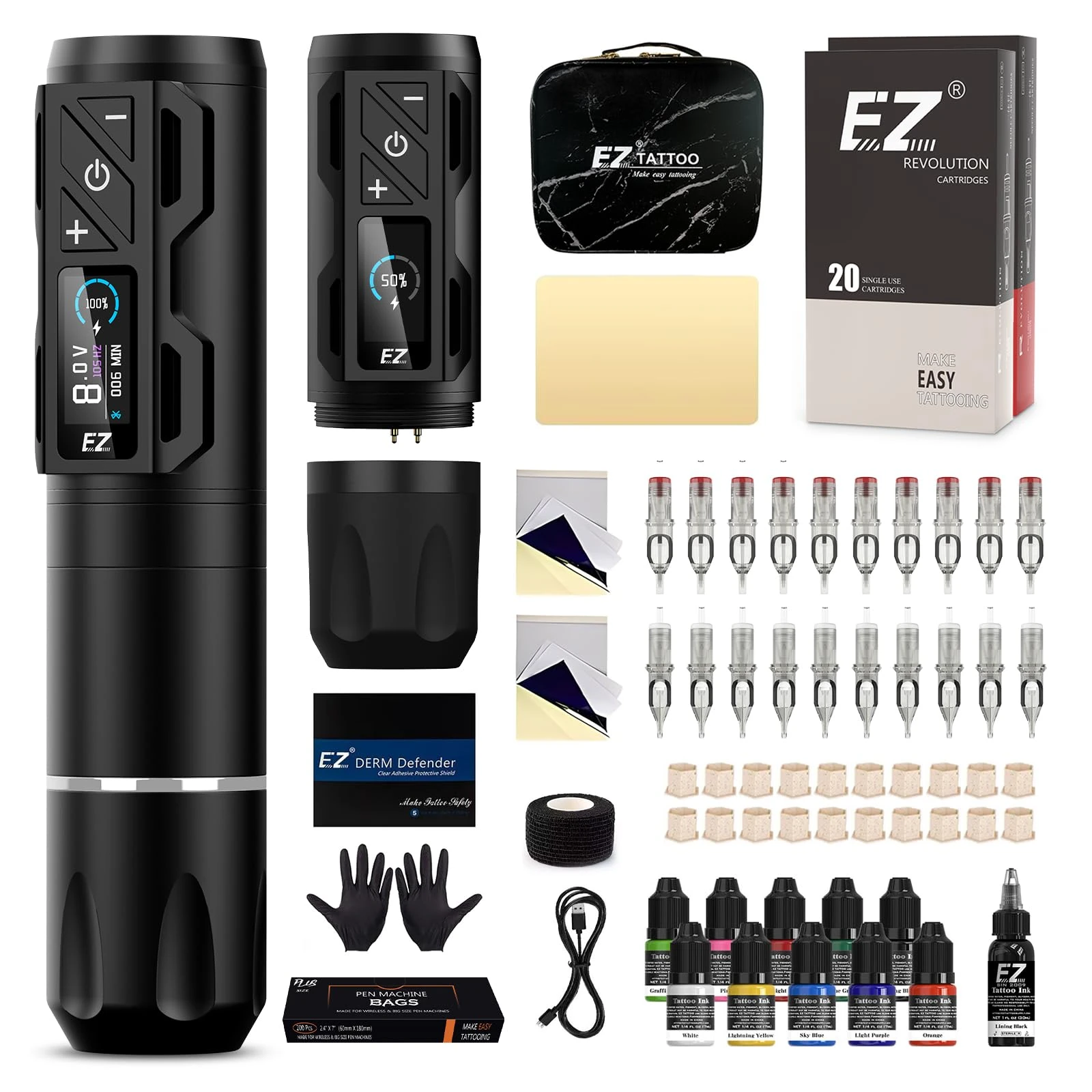 EZ Tattoo Kit - Wireless Tattoo Machine Pen, 1800mAh Power Supply Battery, 20Pcs Tattoo Cartridge Needles for Beginners and Artists (P2S Pro Black)
