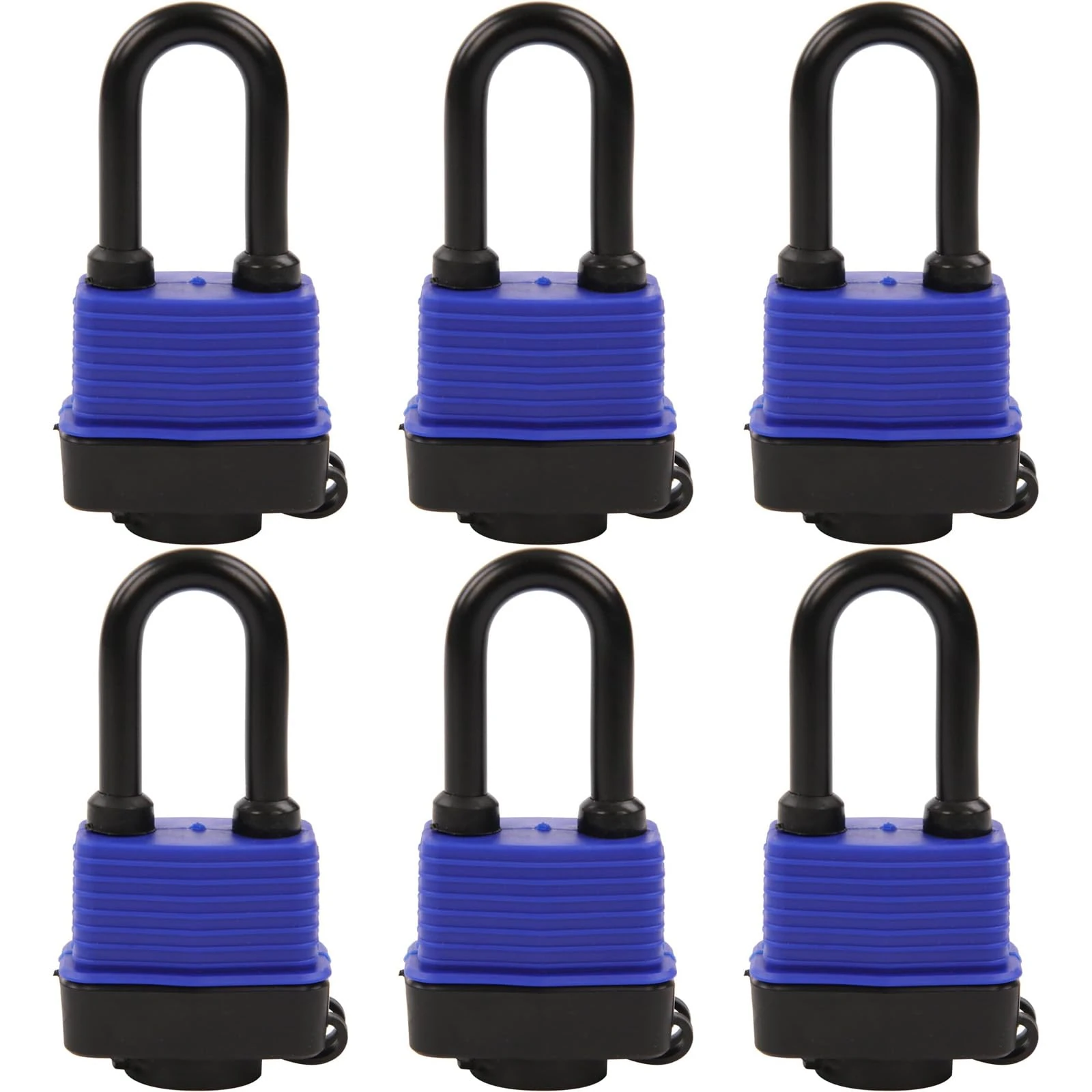 SEPOX® 6-Pack Set 44MM Weatherproof Outdoor Padlock Keyed Alike, Heavy Duty Steel Lock Body with Blue Cover Waterproof, Long Shank, 6 Locks with Same Key Design for Garden, Garage, Gate, Fence, Marine