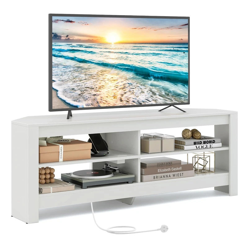 CASART TV Stand Cabinet for TVs up to 60", 140cm Corner TV Unit with Power Outlet & Open Shelves, Modern Media Entertainment Center TV Table for Living Room Bedroom (White)