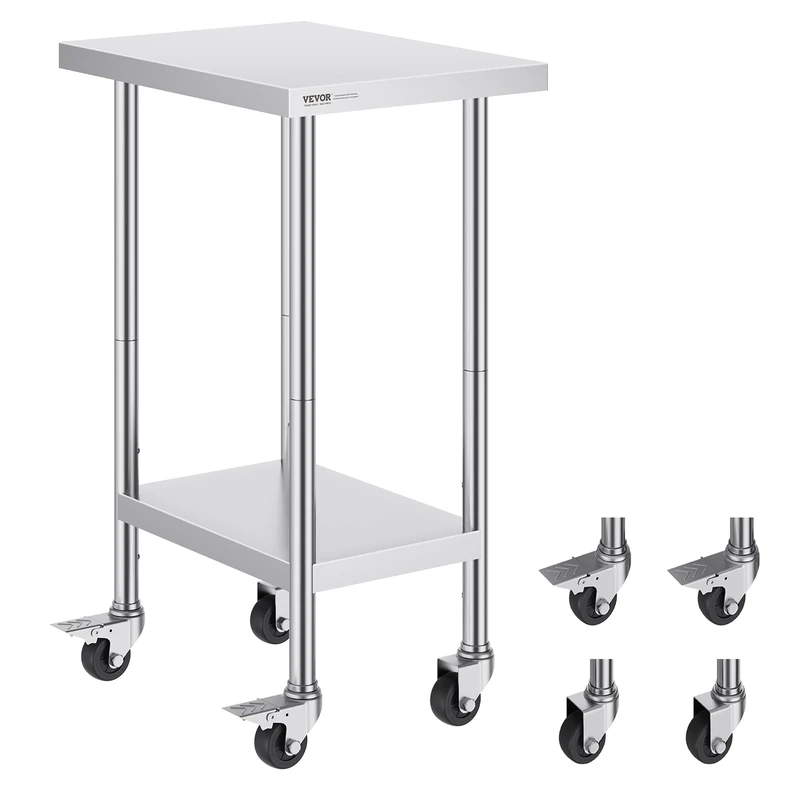 VEVOR Stainless Steel Work Table 24 x 18 x 38 Inch, with 4 Wheels, 3 Adjustable Height Levels, Heavy Duty Food Prep Worktable for Commercial Kitchen Restaurant, Silver