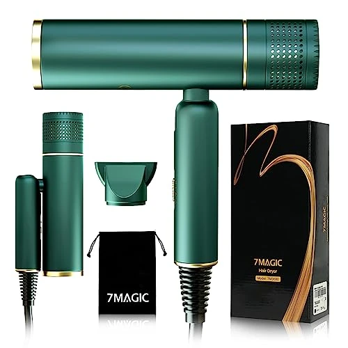 1600W Fast Drying Hair Dryer - Small Foldable Travel with Storage Bag, Salon Professional with Styling Nozzle, 3 Heat Settings and 2 Speeds, Green