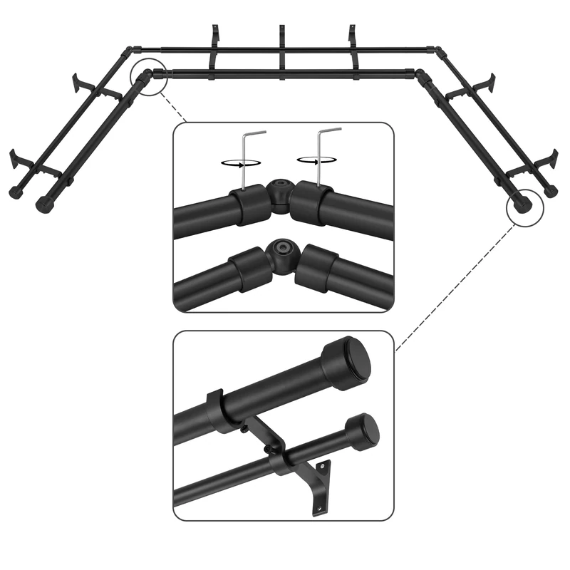 Mayrhyme Black Double Corner Window Curtain Rods with Aluminum End Cap Finials and Brackets,1 Inch Diameter Dual Bay Window Curtain Rods, Adjustable 2 Sided 20-36" and 36-72" Center Double Rod